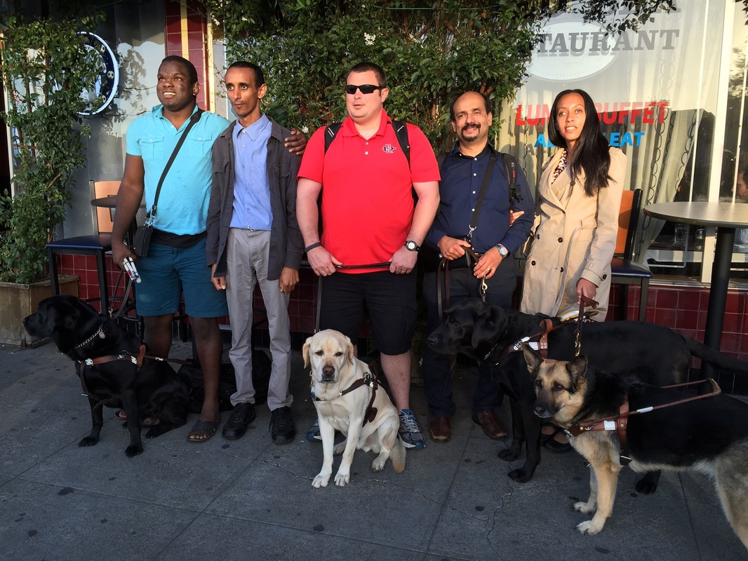 George Stern, Mussie Gebre, Kelvin Crosby, Bapin, and Haben Girma in front of the Red Sea restaurant. (Also guide dogs Vale, Jerry, and Maxine)
